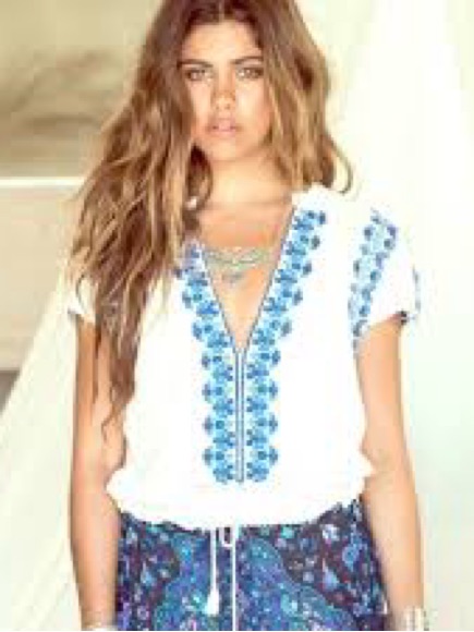 Spell Santorini Embroidered V-Neck Boho Top - White With Blue Embroidery